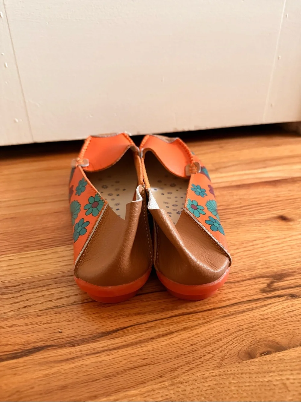 Leather Orange Floral Slip-On Shoes